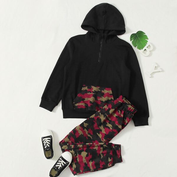 

Boys Camo Print Patch Pocket Zipper Hoodie & Pants Set, Multicolor