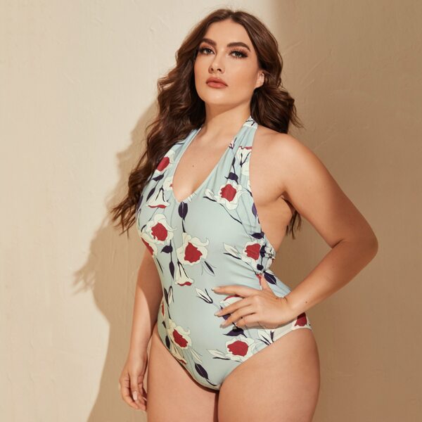 

Plus Floral Halter One Piece Swimsuit, Green