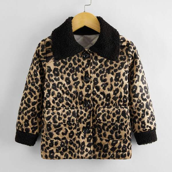 

Toddler Girls Leopard Print Single Breasted Contrast Collar Jacket, Multicolor