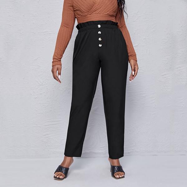 

Plus Paper Bag Waist Button Front Pants, Black