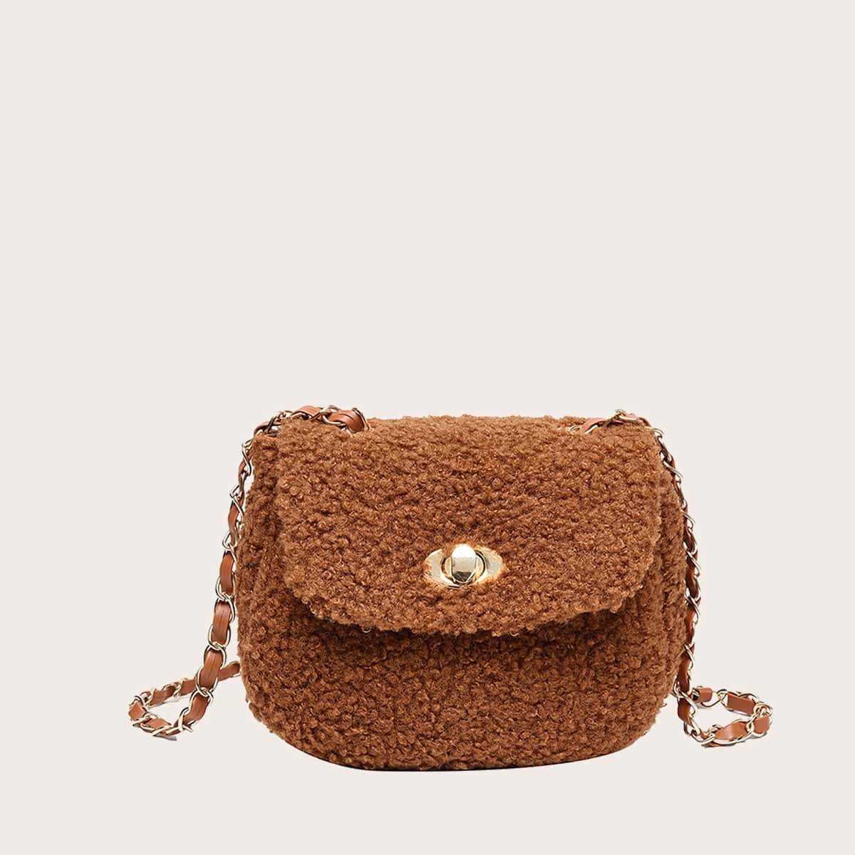 

Twist Lock Fuzzy Saddle Bag, Coffee brown