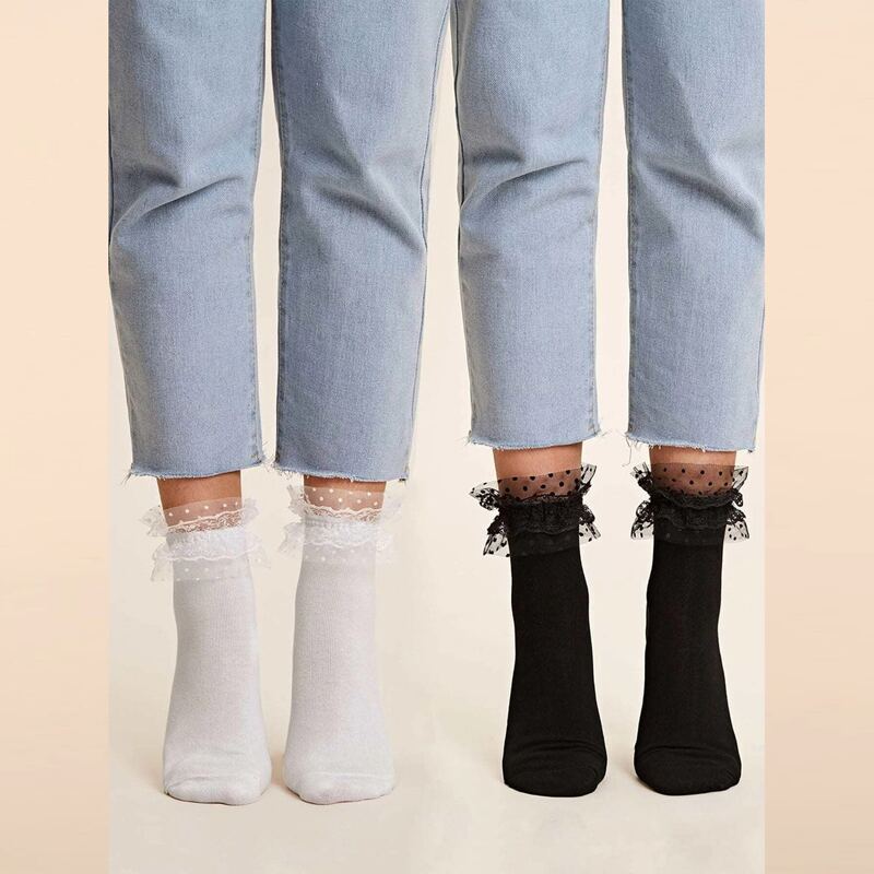 

2pairs Polka Dot Mesh Trim Socks, Black and white