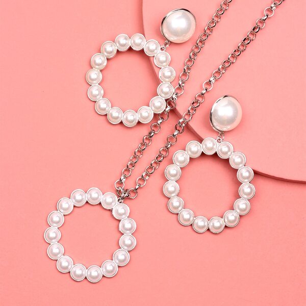 

Faux Pearl Round Charm Necklace & Earrings, White