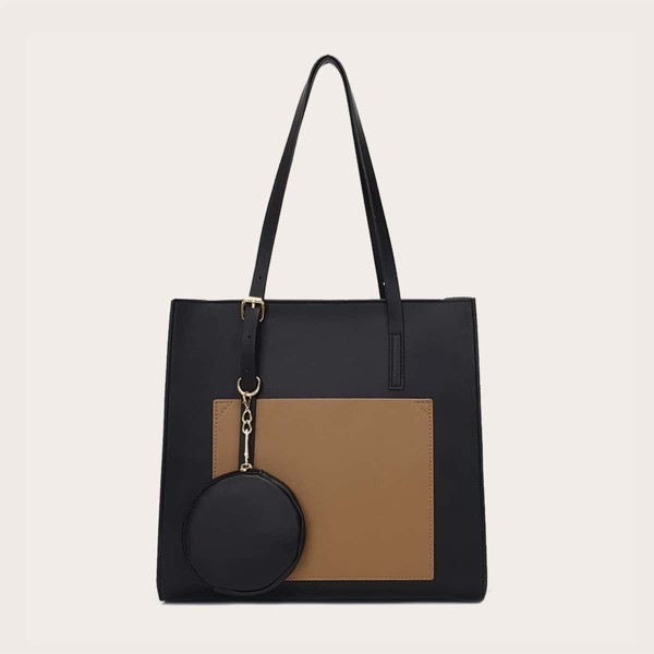 

Color Block Tote Bag With Purse, Black