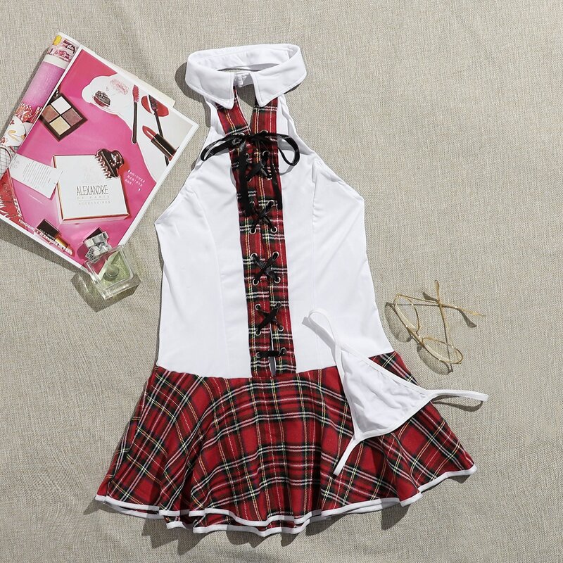 

2pack Tartan Lace-up School Costume Dress With Thong, Multicolor