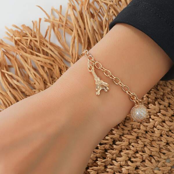 

Effiel Tower & Faux Pearl Charm Chain Bracelet, Gold