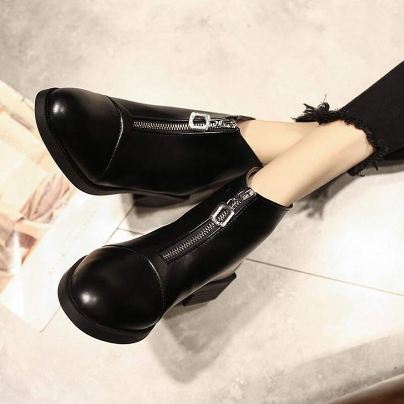 

Simple Front Zip Ankle Boots, Black