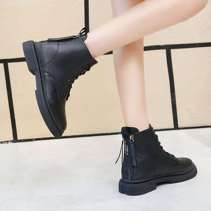 

Back Zip Lace-up Combat Boots, Black