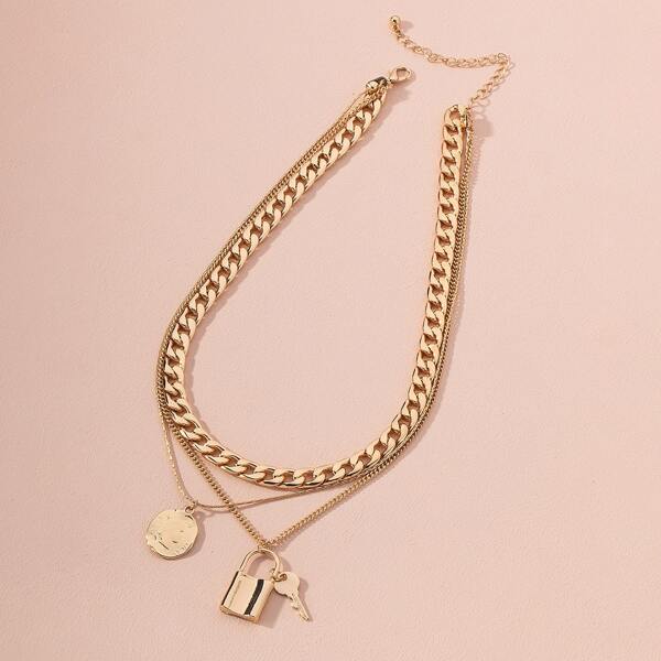 

Lock Charm Layered Chain Necklace, Gold