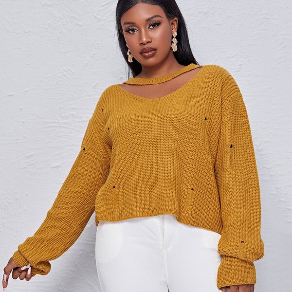 

Plus Keyhole Neck Drop Shoulder Sweater, Mustard yellow