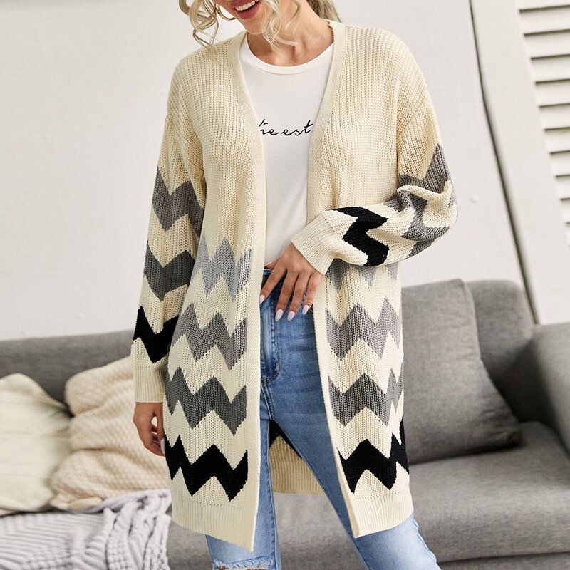 

Drop Shoulder Open Front Chevron Cardigan, Multicolor