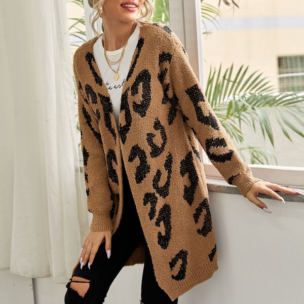 

Open Front Drop Shoulder Leopard Cardigan, Multicolor