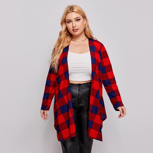 

Plus Asymmetrical Hem Buffalo Plaid Coat, Red
