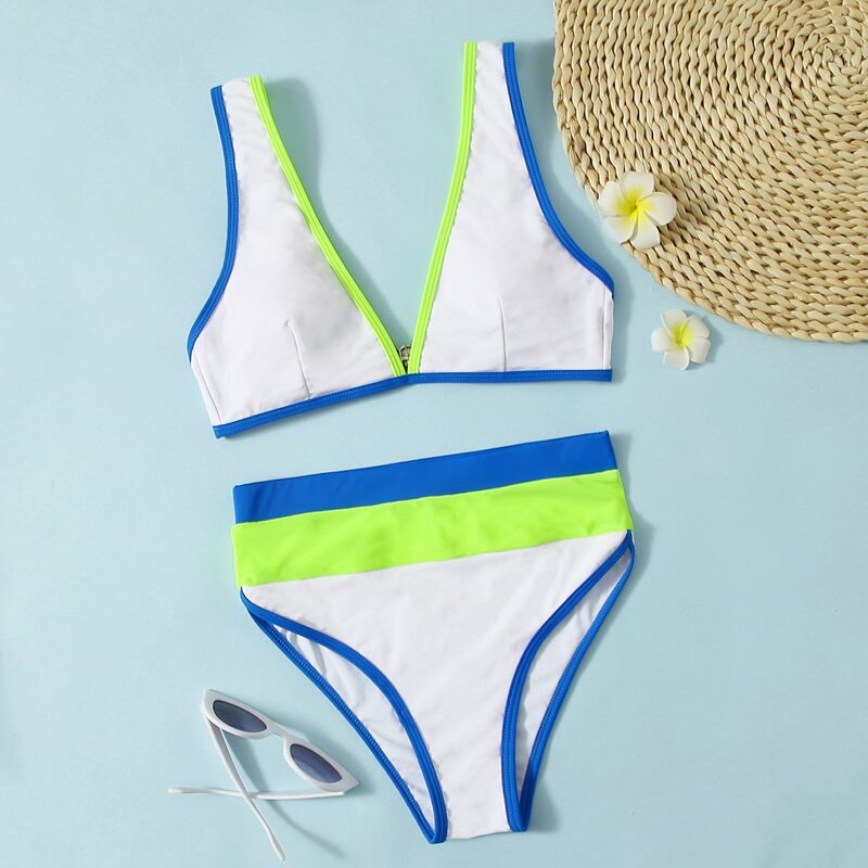 

Colorblock High Waist Bikini Swimsuit, White