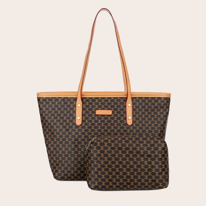 

Graphic Tote Bag With Inner Pouch, Coffee brown