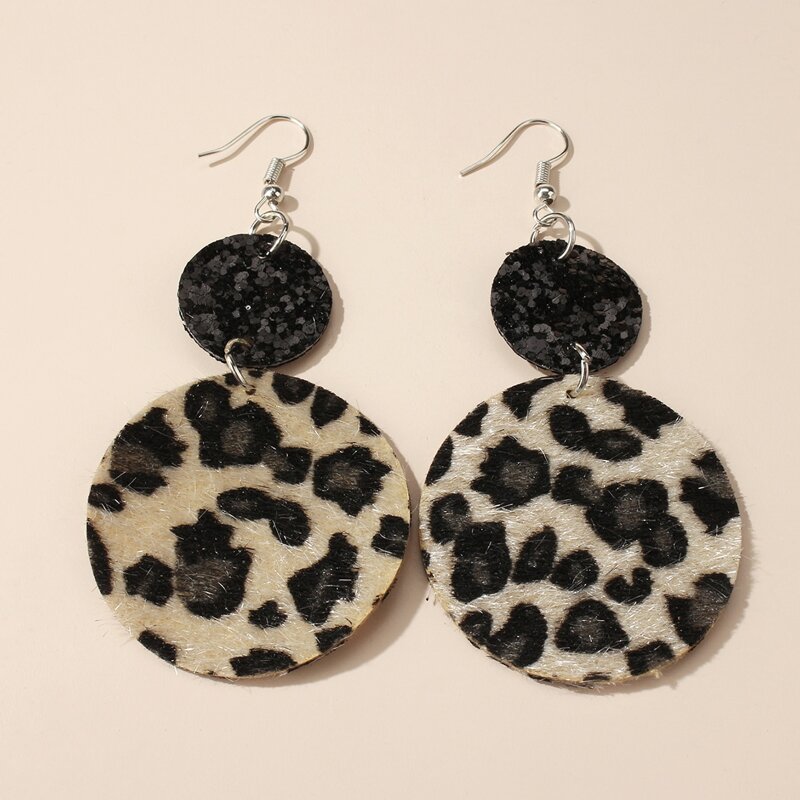 

Leopard Pattern Round Drop Earrings, Black