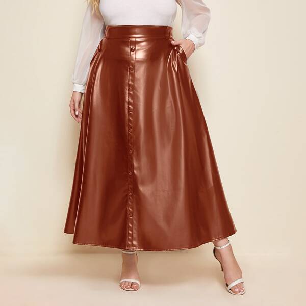 

Plus Solid Slant Pocket PU Leather Skirt, Rust brown