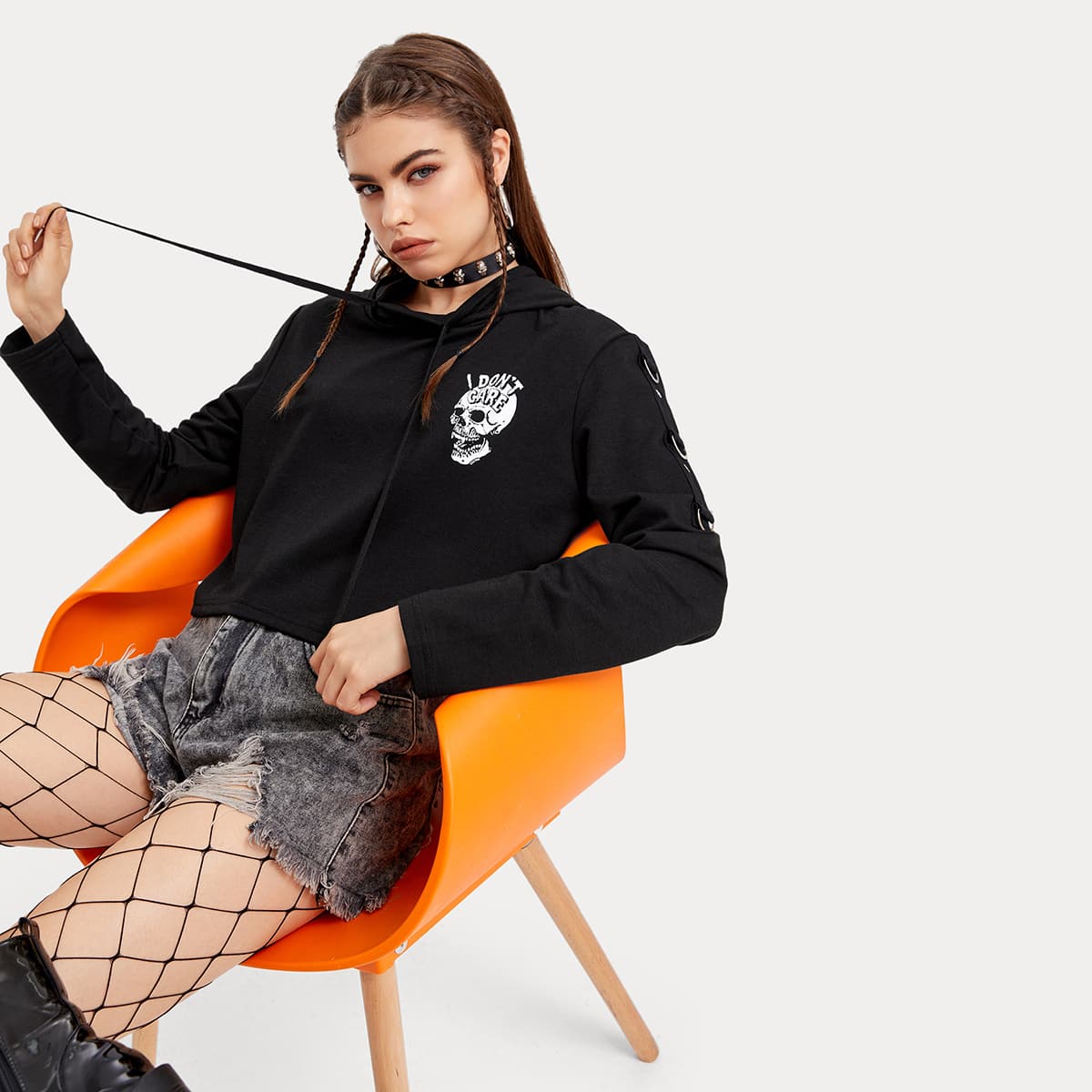 

Slogan Skull Graphic Hoodie, Black