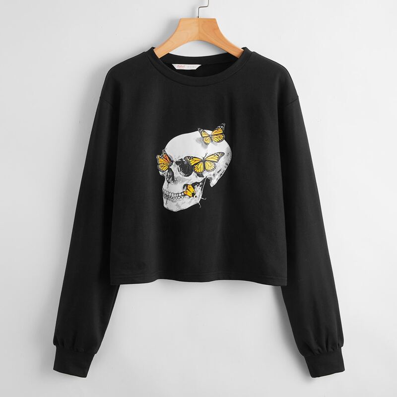 

Butterfly & Skull Graphic Sweatshirt, Black