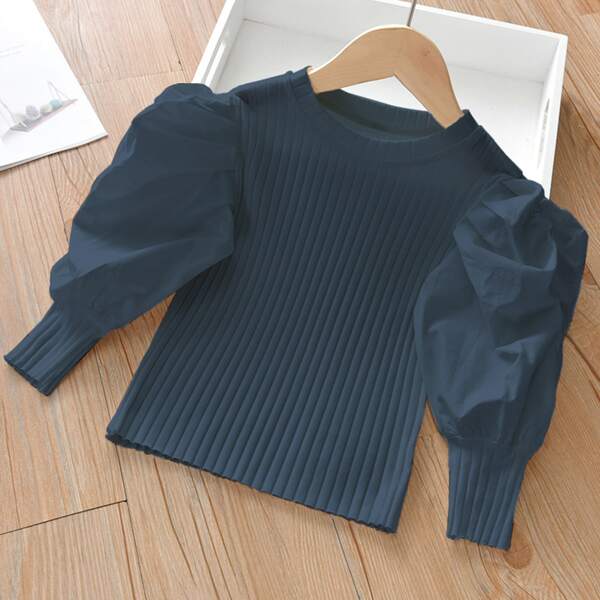 

Toddler Girls Puff Sleeve Rib-knit Tee, Navy blue