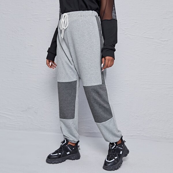 

Plus Drawstring Waist Color Block Sweatpants, Light grey