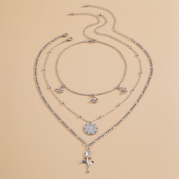 

3pcs Flower Charm Necklace, Silver