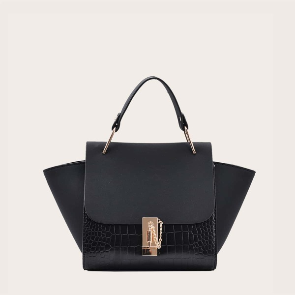 

Croc Embossed Flap Satchel Bag, Black