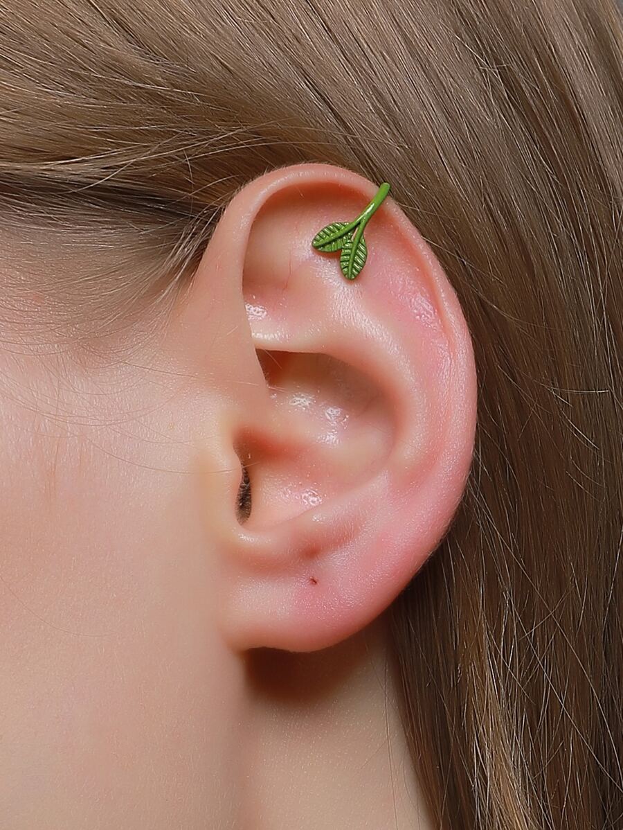 1pair Leaf Design Ear Cuff - Green - View 1