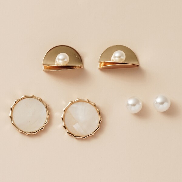 

3pairs Faux Pearl Stud Earrings, Gold