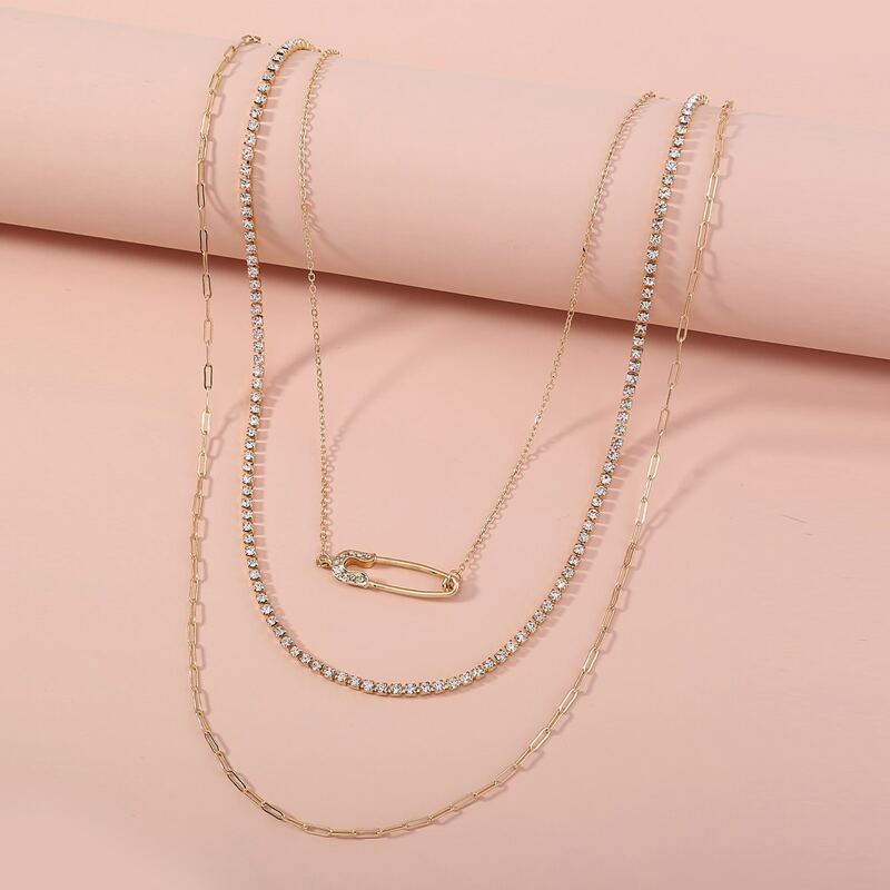 

3pcs Rhinestone Safety Pin Decor Necklace, Gold