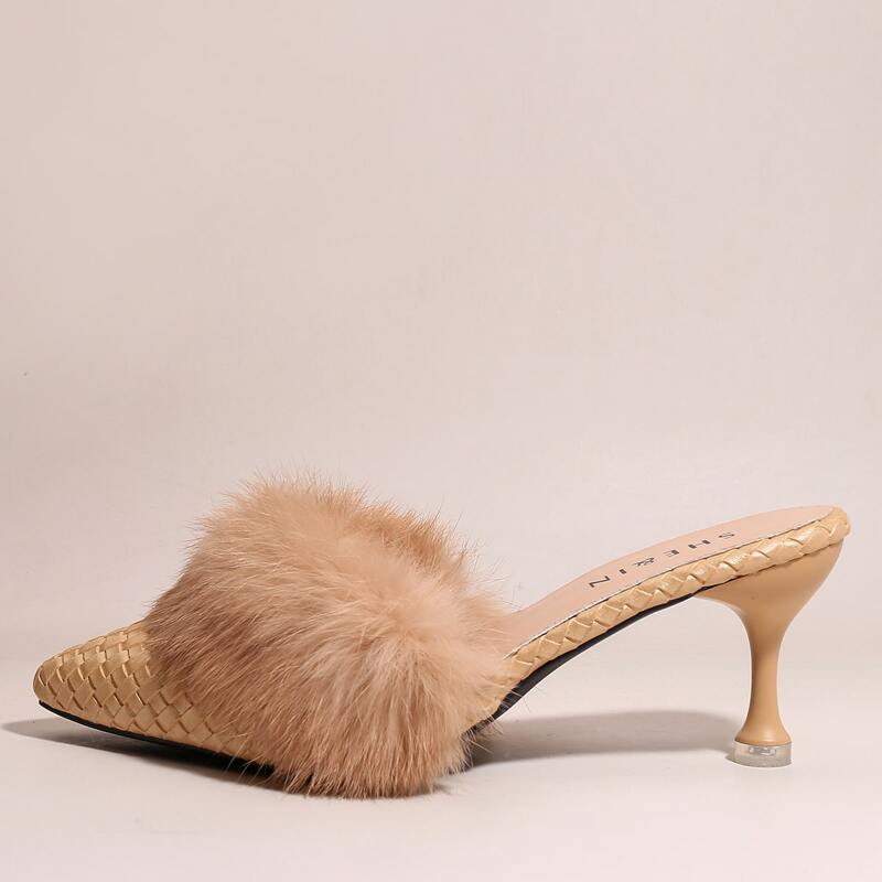 

Braided Faux Fur Decor High Heel Mules, Champagne