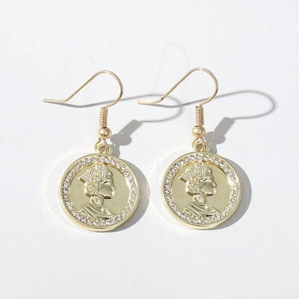 

Rhinestone Decor Figure Engraved Round Drop Earrings, Gold