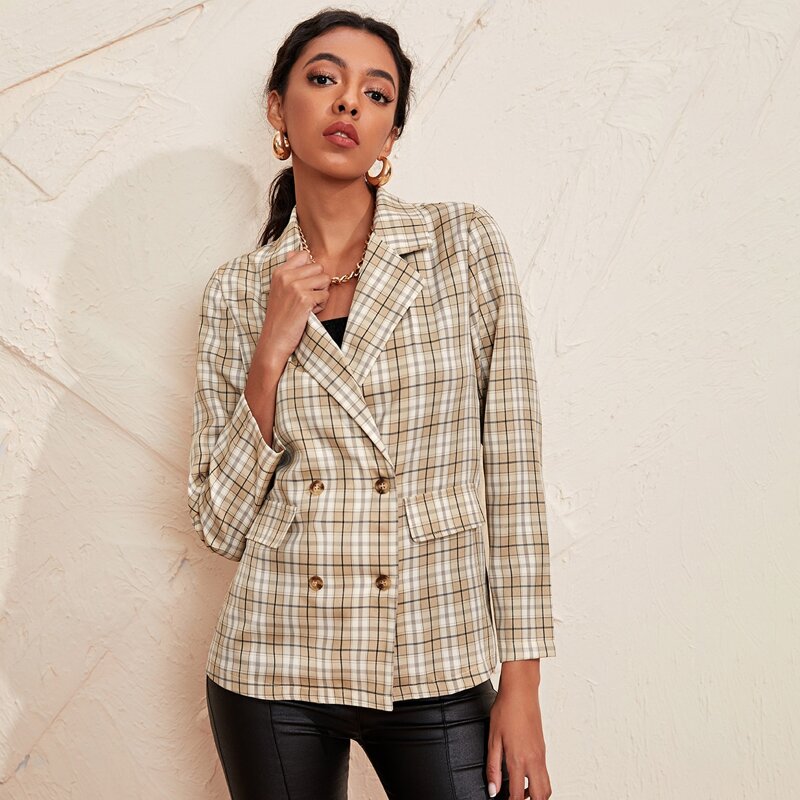 

Plaid Print Double Breasted Lapel Collar Blazer, Multicolor