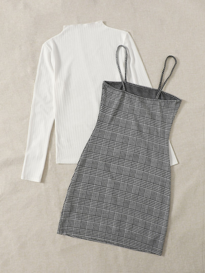 Solid Tee With Plaid Print Cami Dress