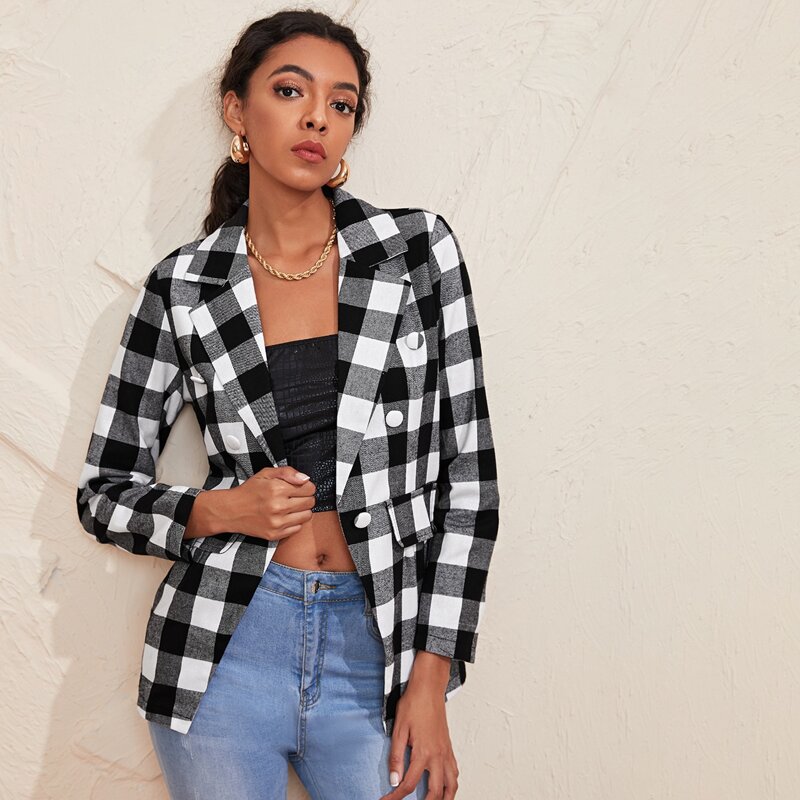 

Gingham Print Double Breasted Lapel Collar Blazer, Black and white