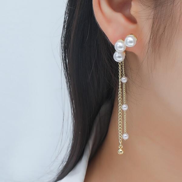 

Faux Pearl Decor Metal Tassel Earrings, Gold