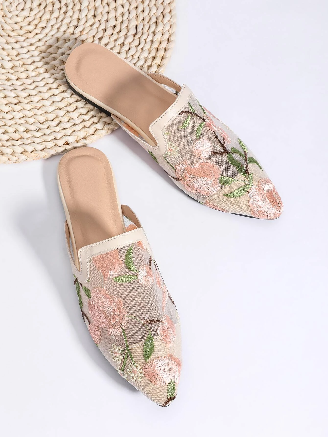 embroidered flat mules