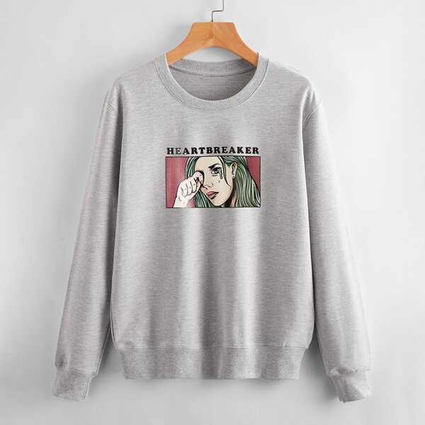 

Letter And Figure Print Round Neck Sweatshirt, Light grey
