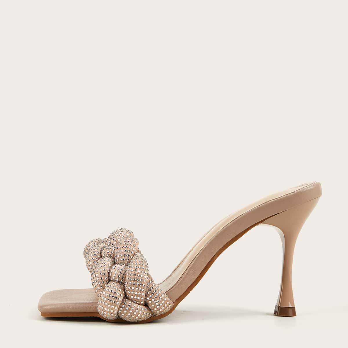 

Rhinestone Detail Braided Spool Heeled Mules, Apricot