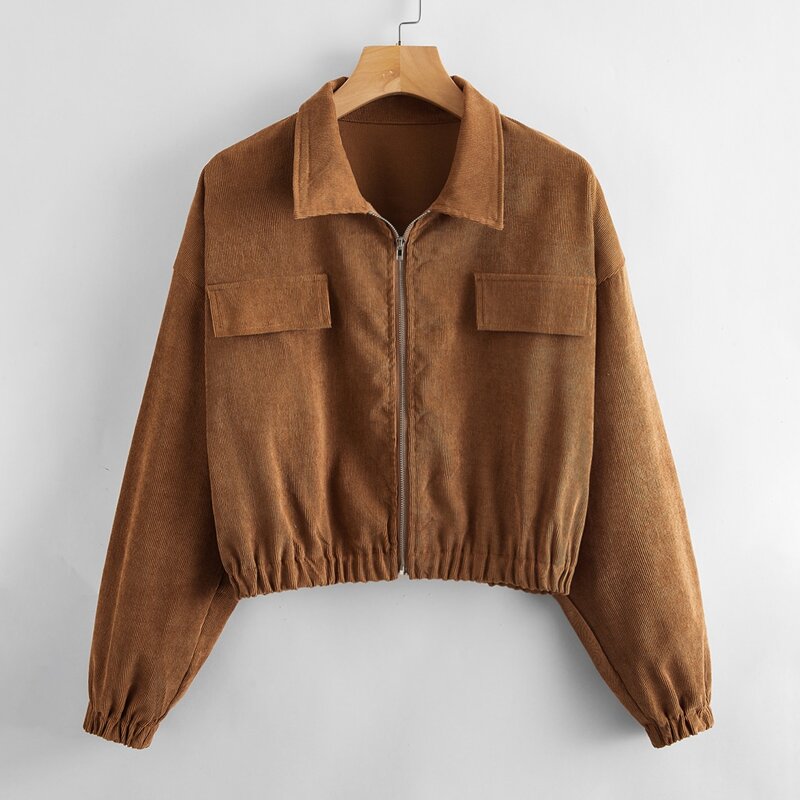 

Drop Shoulder Zip Up Corduroy Jacket, Brown