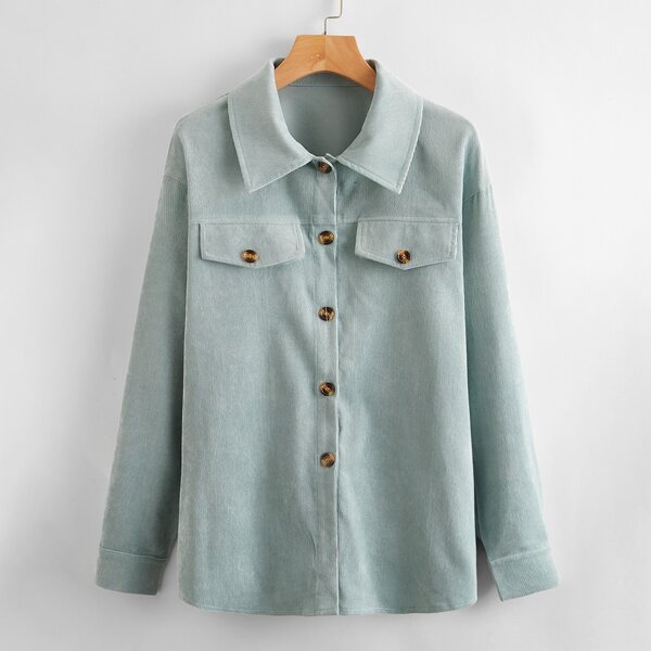 

Drop Shoulder Button Front Corduroy Coat, Mint green