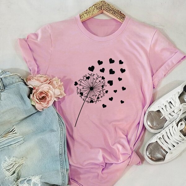 

Dandelion And Heart Print Tee, Baby pink