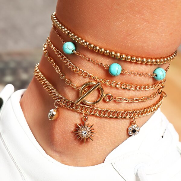 

5pcs Rhinestone Charm Chain Anklet, Gold