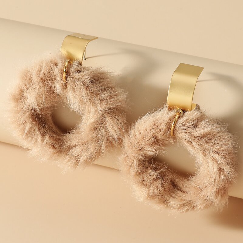 

Fluffy Round Drop Earrings, Coffee brown