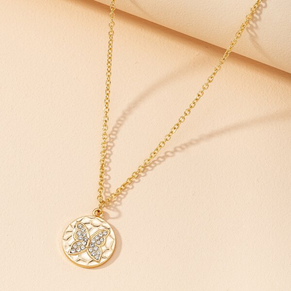 

Rhinestone Butterfly Pendant Necklace, Gold