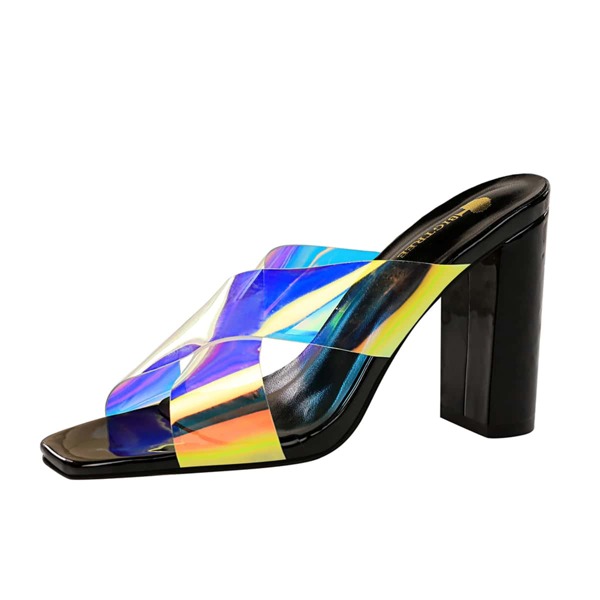

Holographic Criss Cross Chunky Heeled Mules, Black