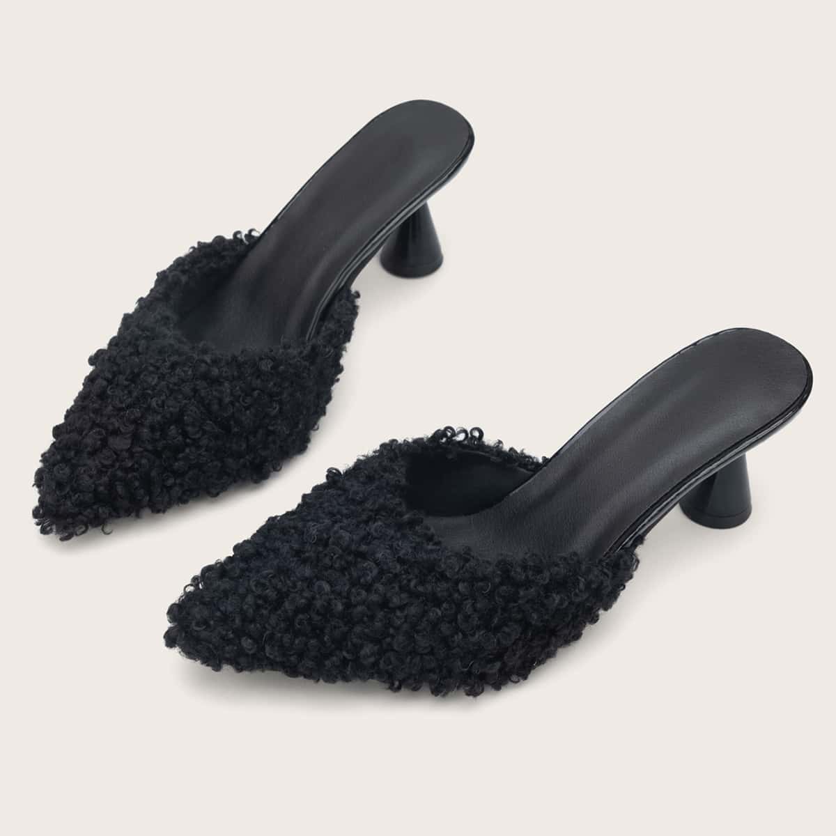 

Point Toe High Heeled Fuzzy Mules, Black