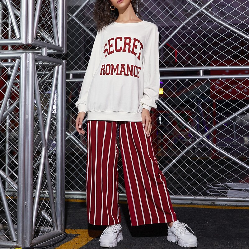 

Letter Graphic Raglan Sleeve Pullover & Striped Wide Leg Pants Set, Red and white