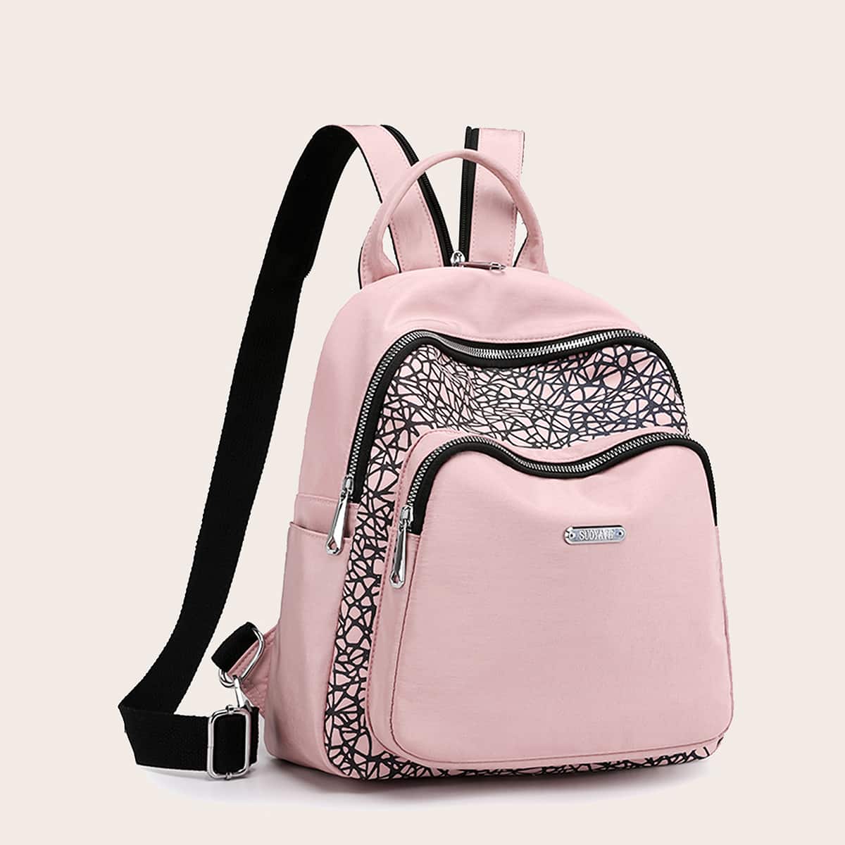 

Pocket Front Geometric Print Backpack, Pink