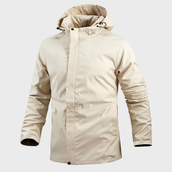 

Men Letter Embroidery Drawstring Hooded Coat, Beige